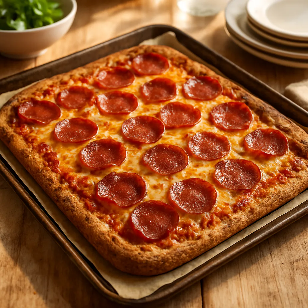 Blechpizza mit Salami und Käse