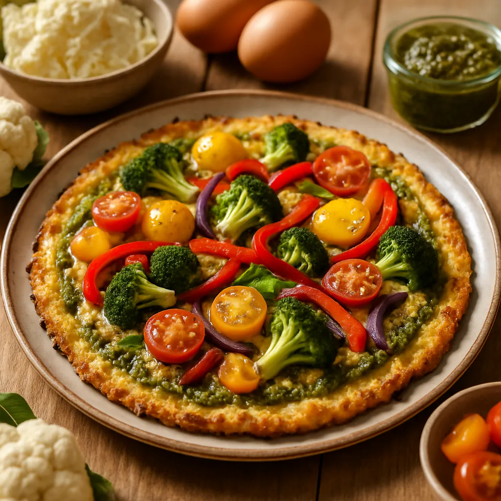 Blumenkohl-Pizza mit Pesto und buntem Gemüse