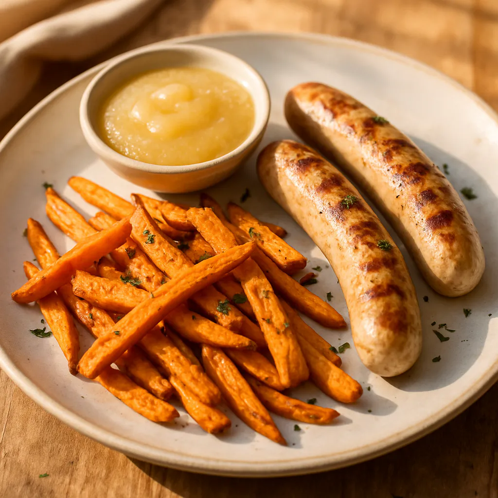 Bratwurst mit Süßkartoffel-Pommes und Apfelmus