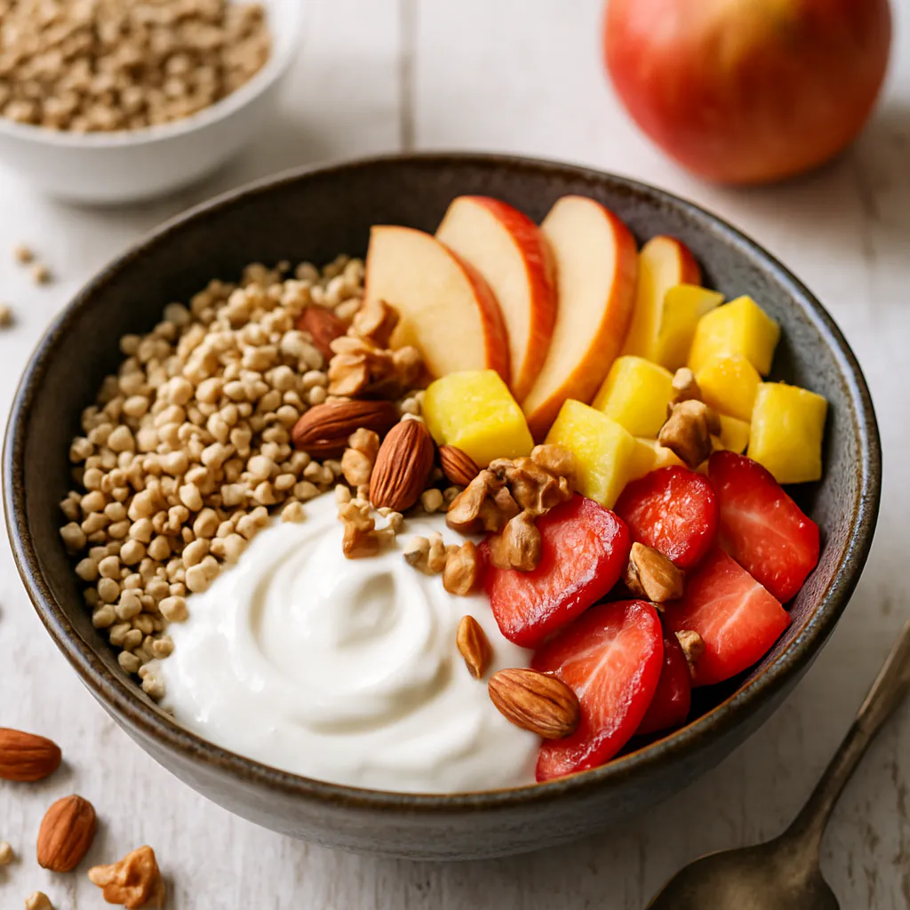 Buchweizen-Obst-Bowl mit Joghurt und Nüssen