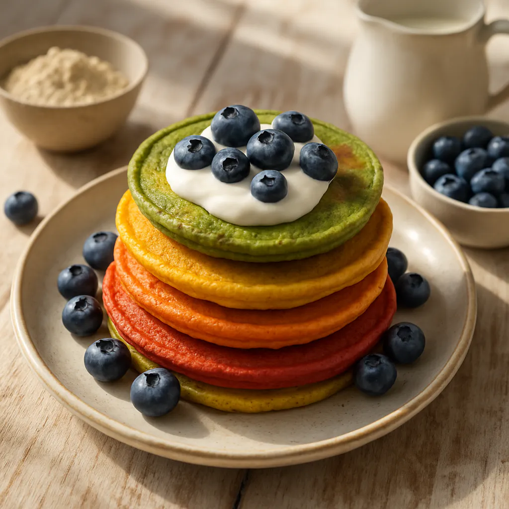 Bunte Pfannkuchen mit Heidelbeeren und Joghurt