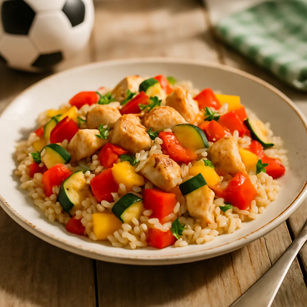 Bunter Hähnchen-Reis mit Paprika und Zucchini