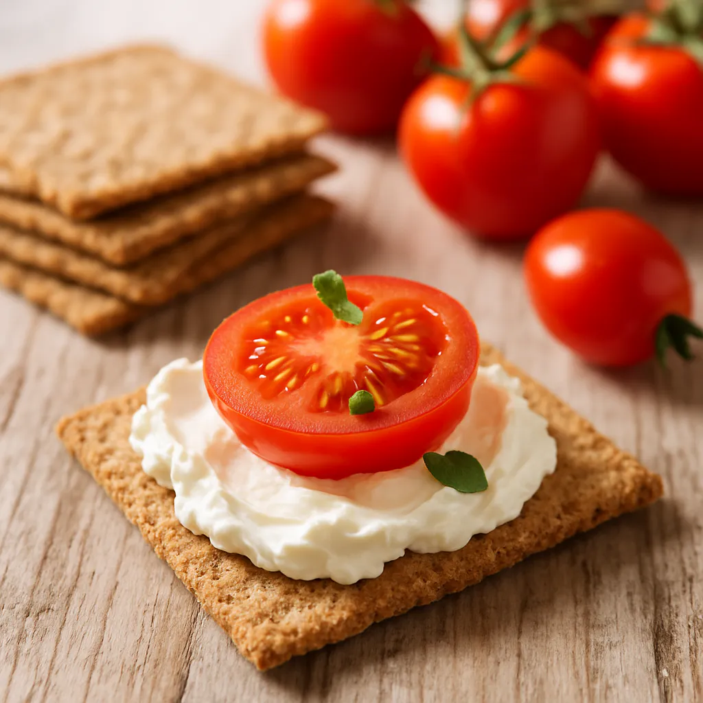 Cracker mit Frischkäse und Tomate