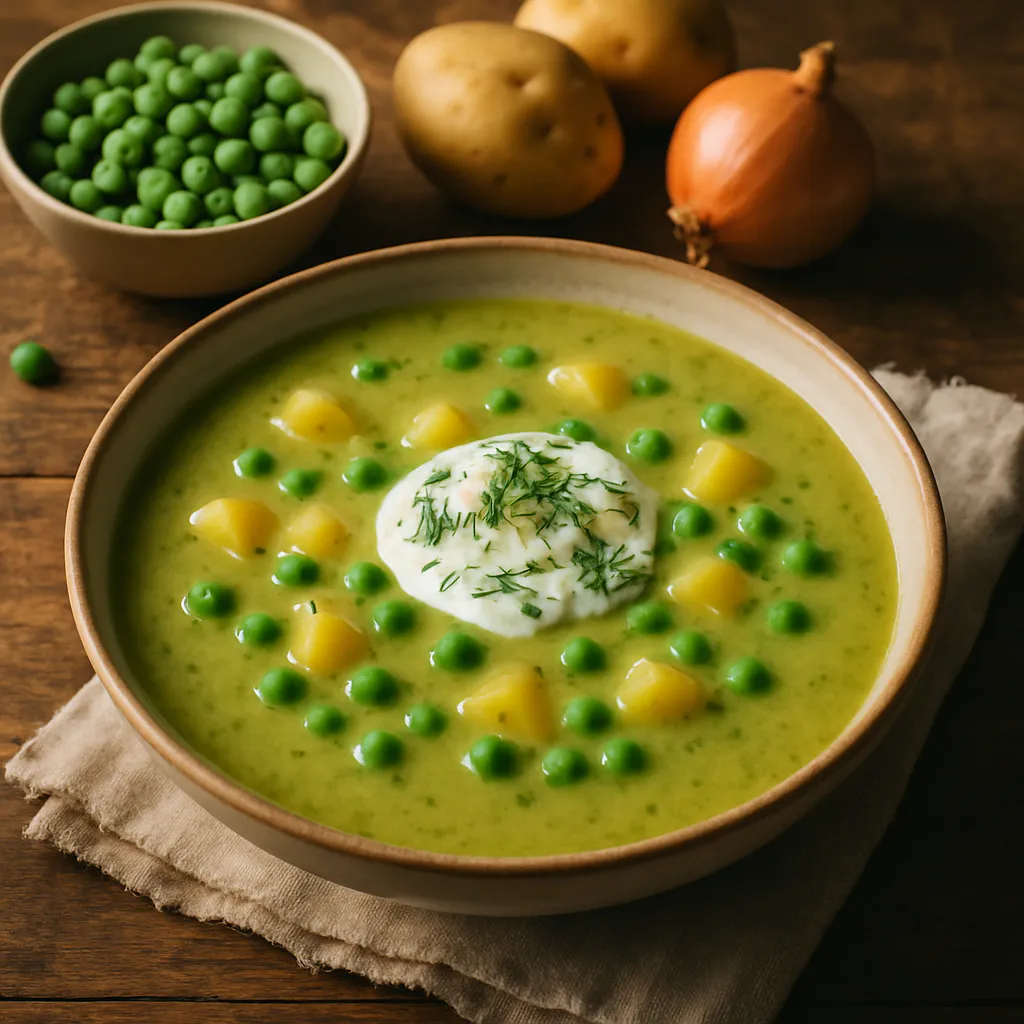 Cremige Erbsen-Kartoffel-Suppe mit Dillsahne