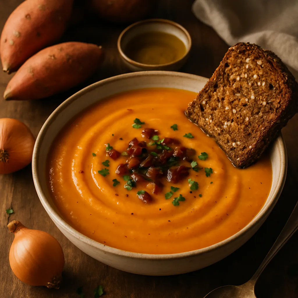 Cremige Süßkartoffel-Suppe mit knusprigem Vollkornbrot