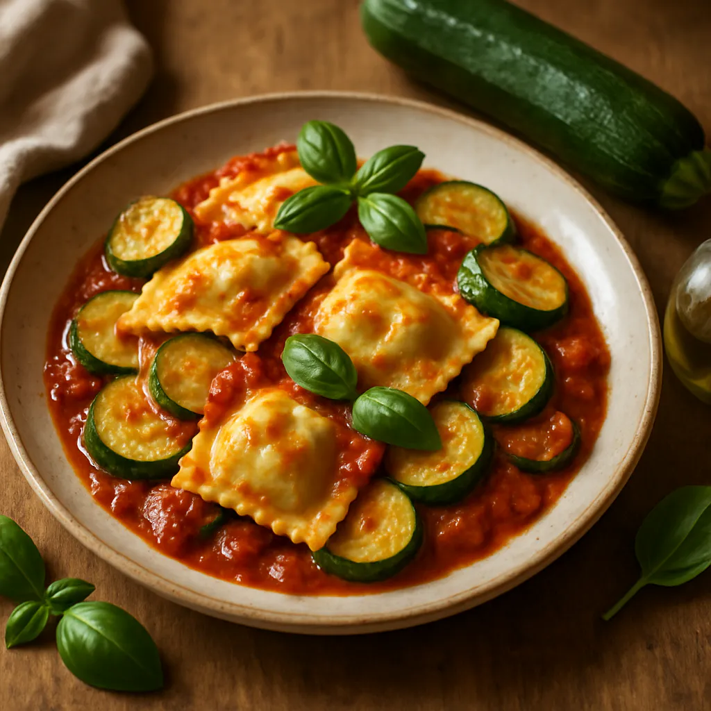 Cremige Zucchini-Ravioli mit Tomatensoße und Basilikum
