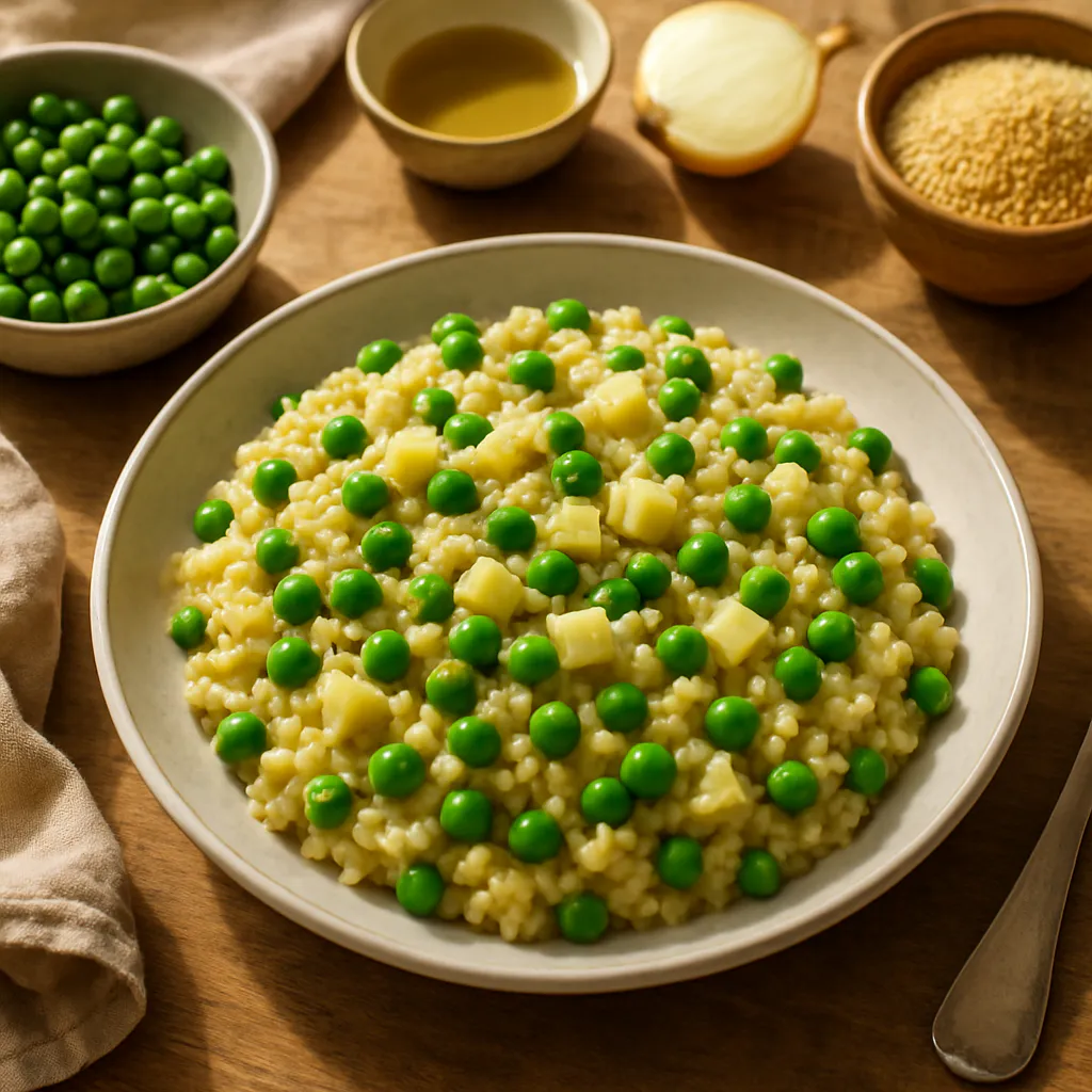 Cremiges Hirse-Risotto mit Erbsen und mildem Käse
