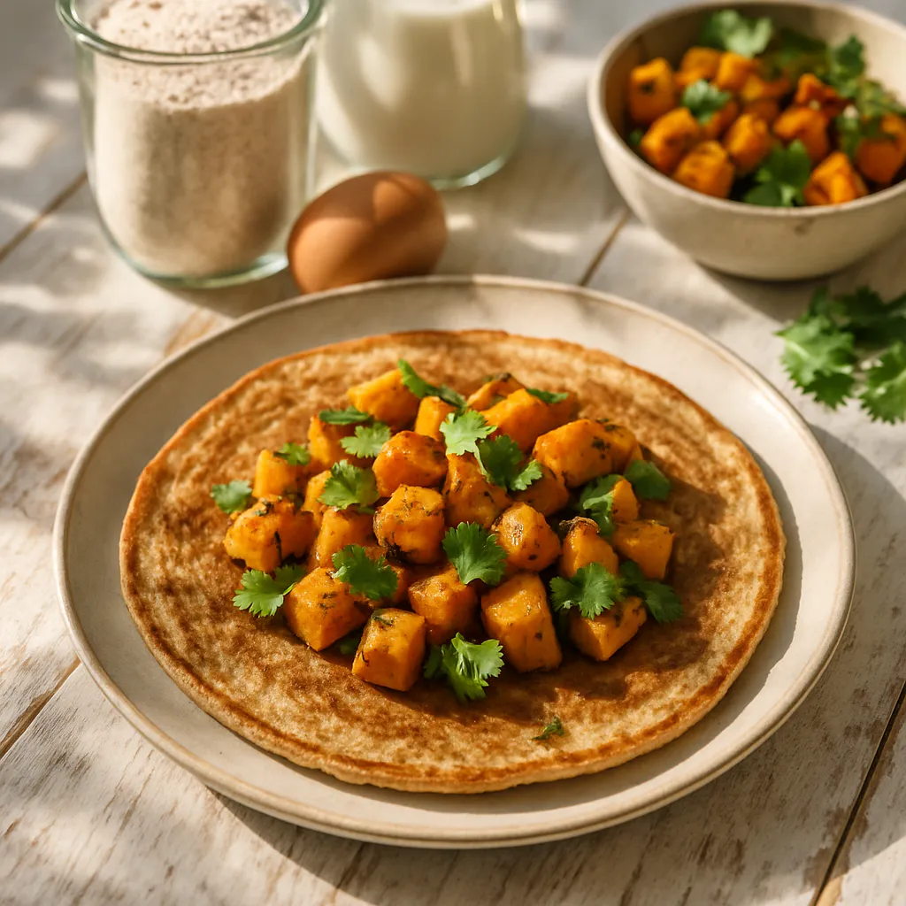 Dinkel-Pfannkuchen mit geröstetem Kürbis und Koriander
