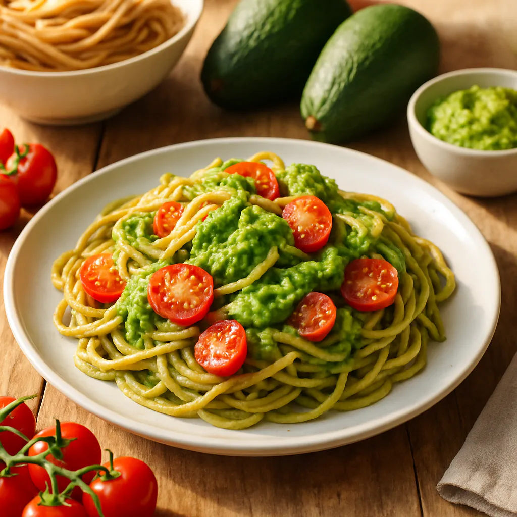 Dinkel-Spaghetti mit Avocado-Pesto und Kirschtomaten