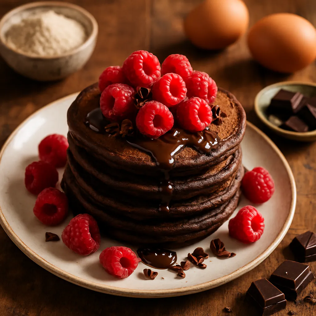 Dunkle Schokoladen-Buchweizen-Pancakes mit Himbeeren