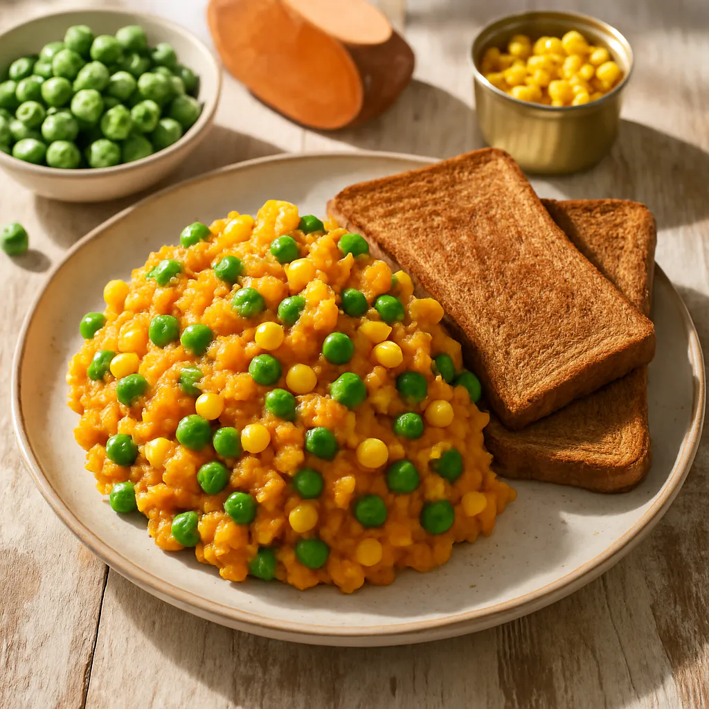 Erbsen-Mais-Süßkartoffel-Püree mit Vollkorntoast