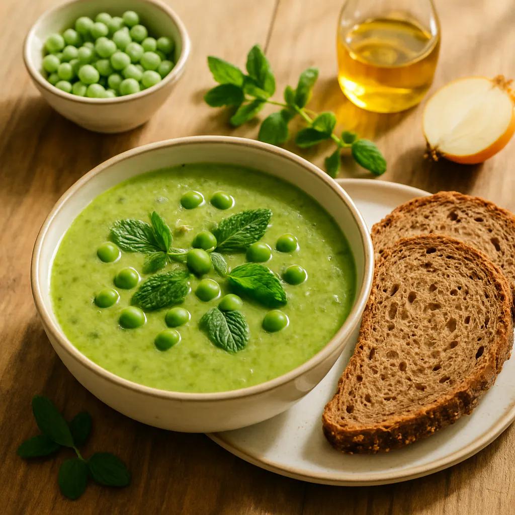 Erbsen-Minz-Suppe mit Vollkornbrot