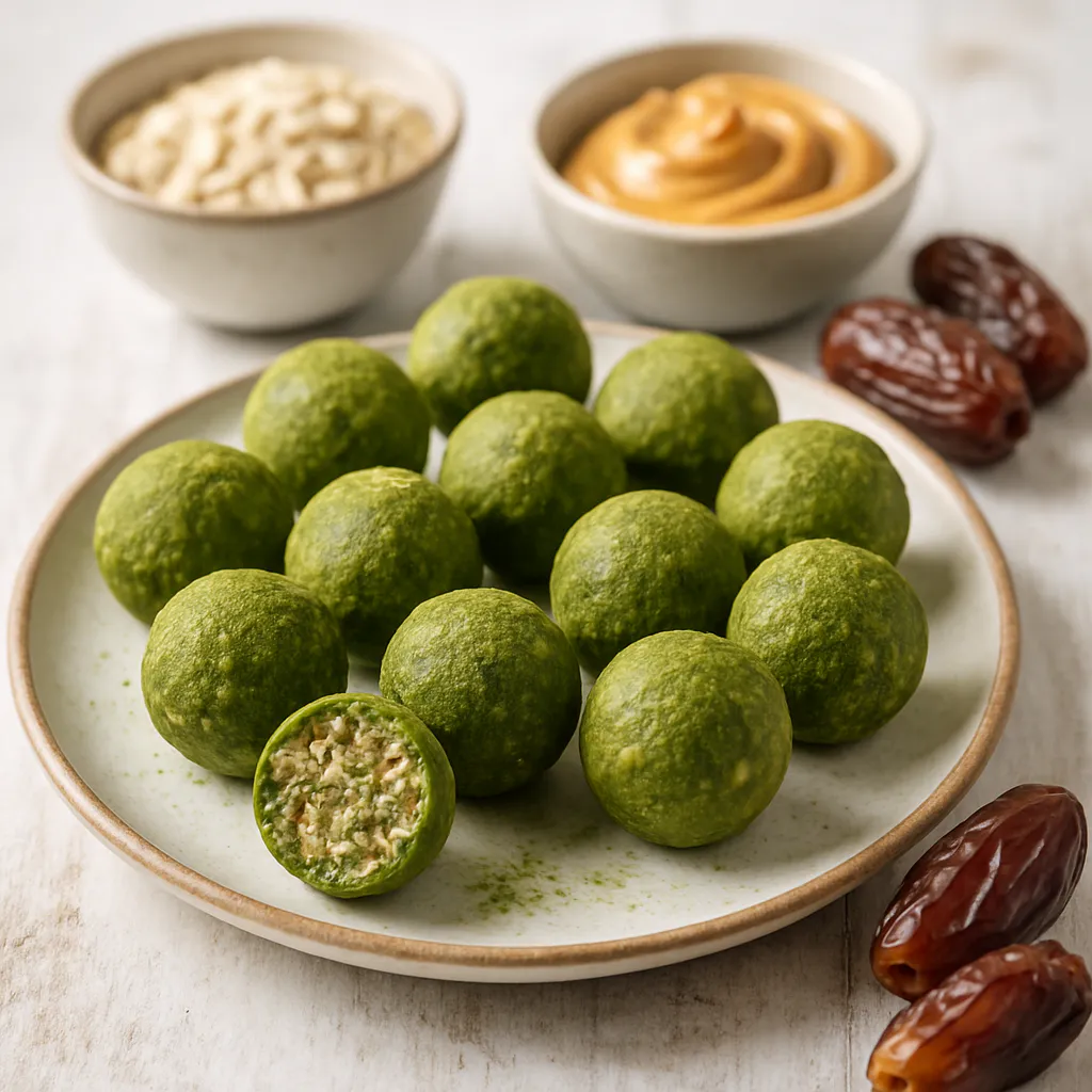 Erdnussbutter-Matcha-Dattelbällchen