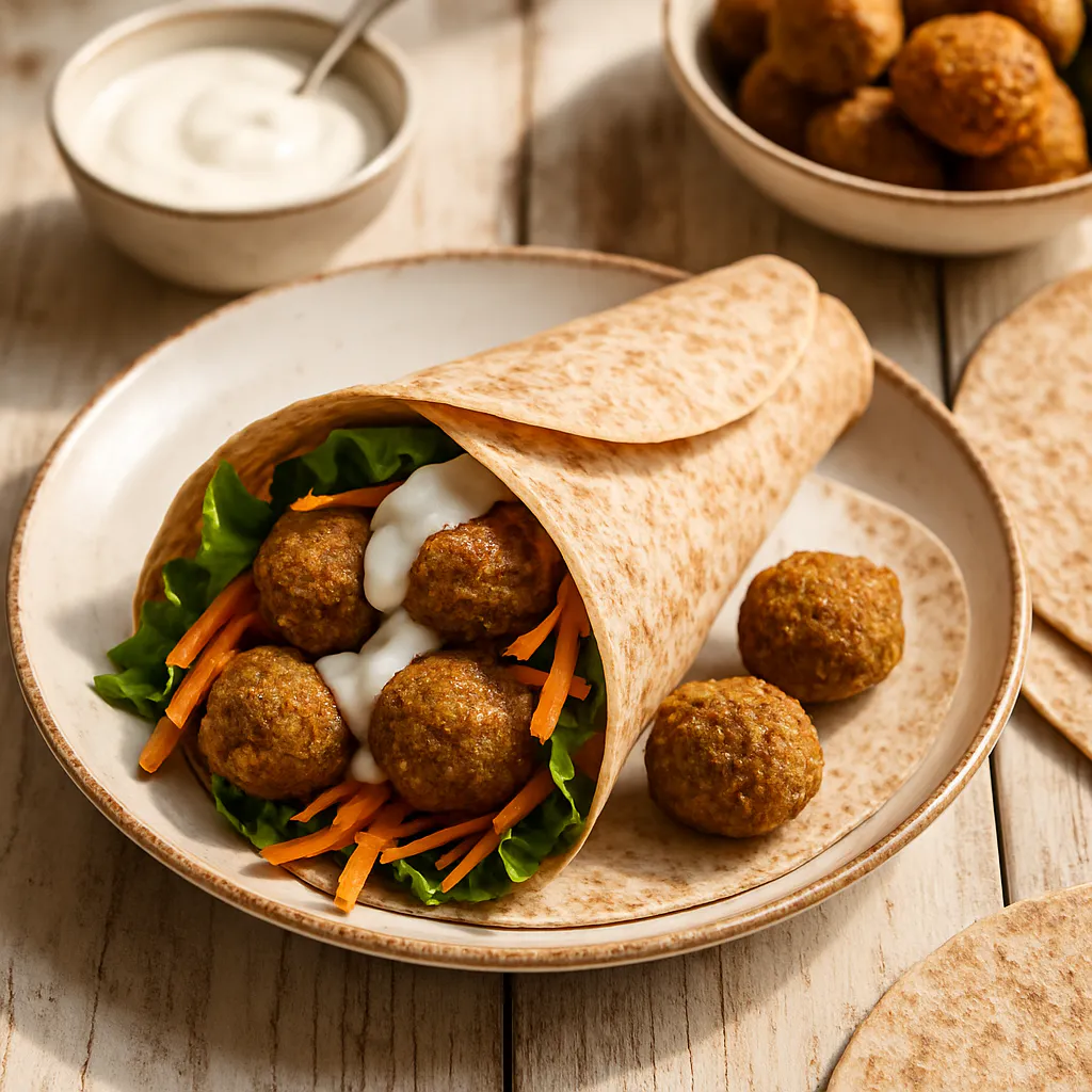 Falafel-Wrap mit Joghurtdressing und Karottenstreifen