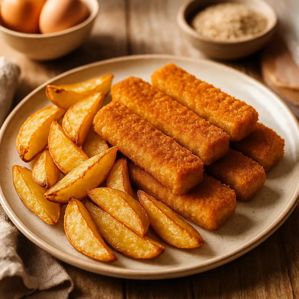 Fischstäbchen aus dem Ofen mit Kartoffel-Wedges