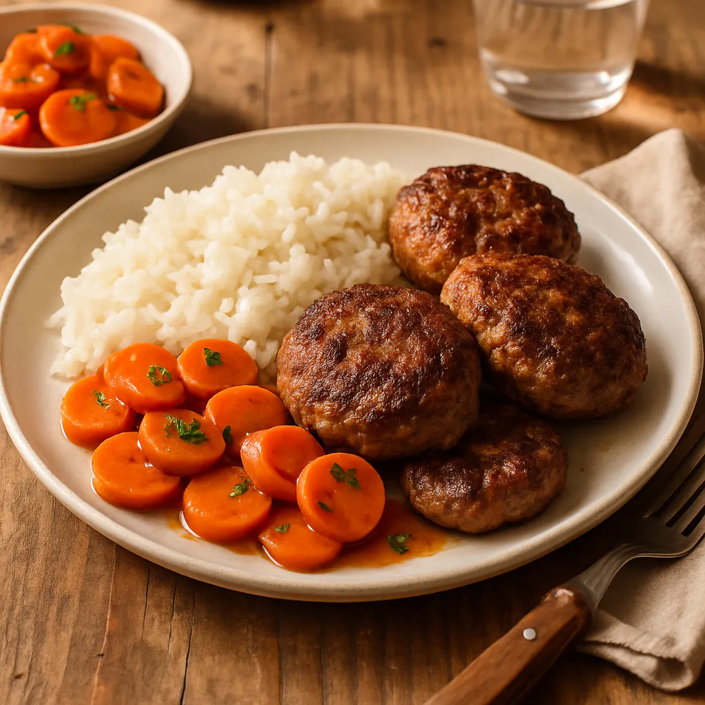 Frikadellen mit Reis und Karottengemüse