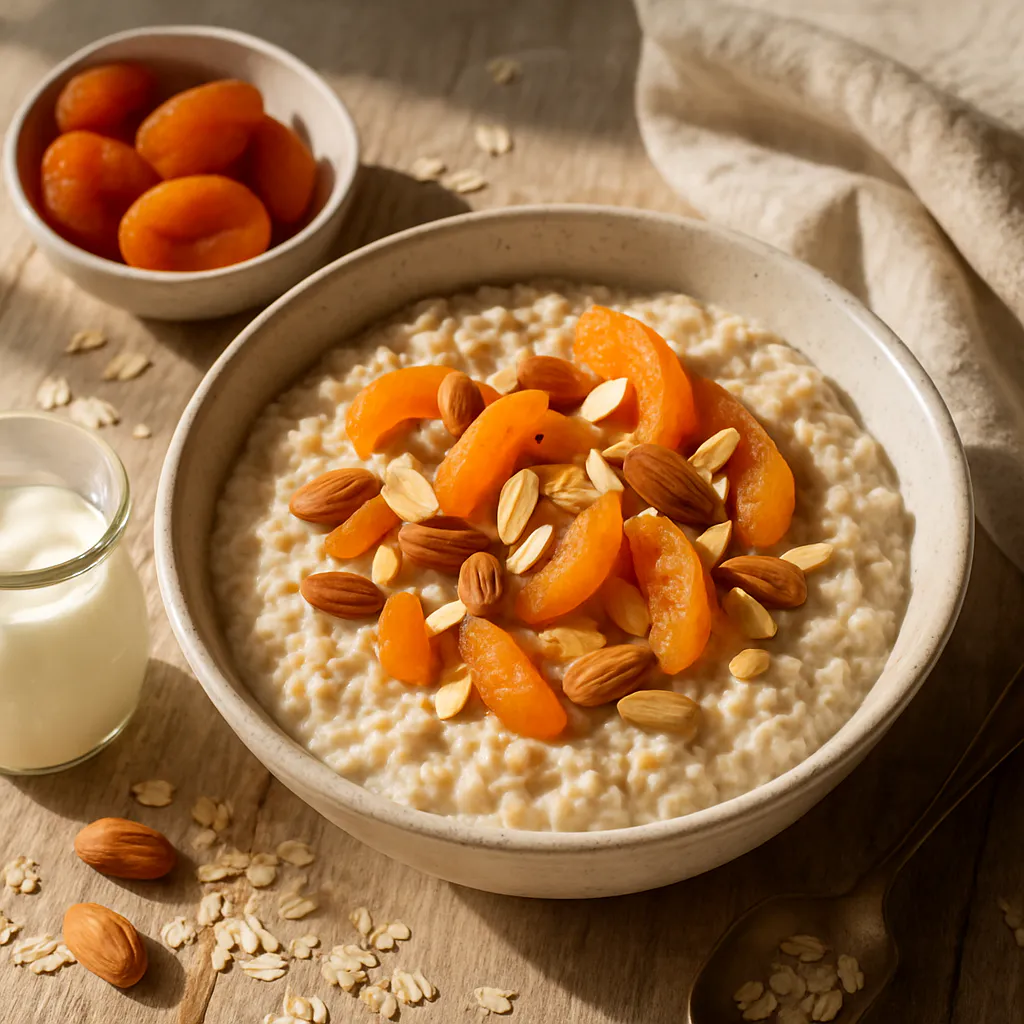 Frühstücks-Porridge mit Haferflocken, Aprikosen und Mandeln