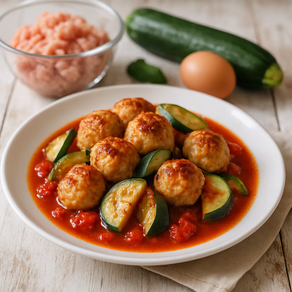 Gebackene Hähnchen-Bällchen mit Zucchini und Tomatensoße