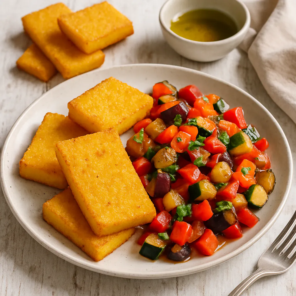 Gebackene Polentastücke mit Ratatouille-Gemüse