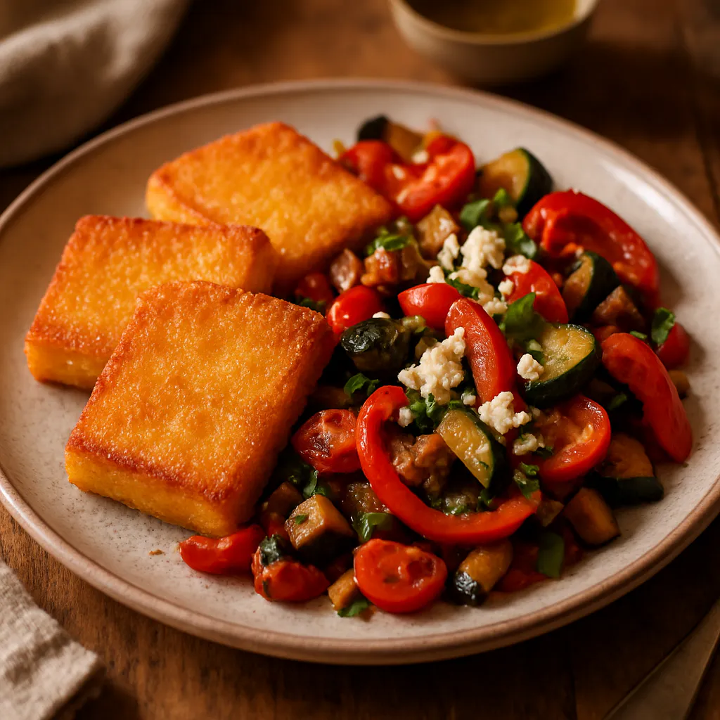 Gebratene Polenta mit mediterranem Gemüse und Feta