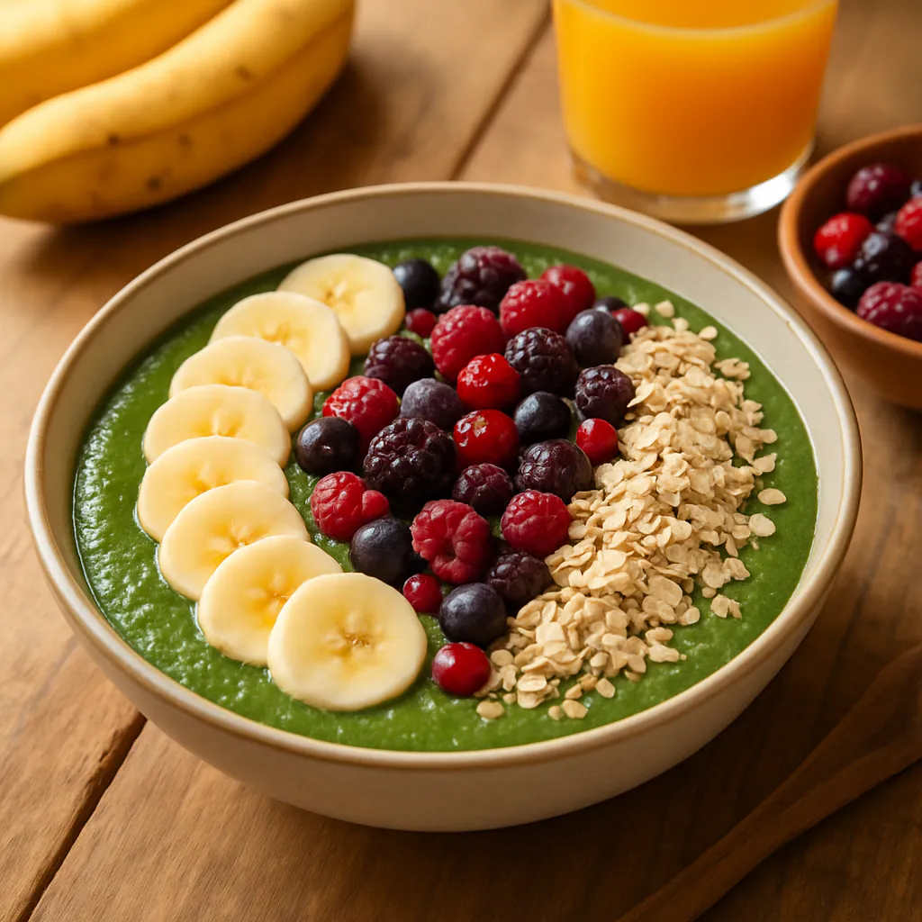 Gemüsesmoothie-Bowl mit Banane und Haferflocken-Topping