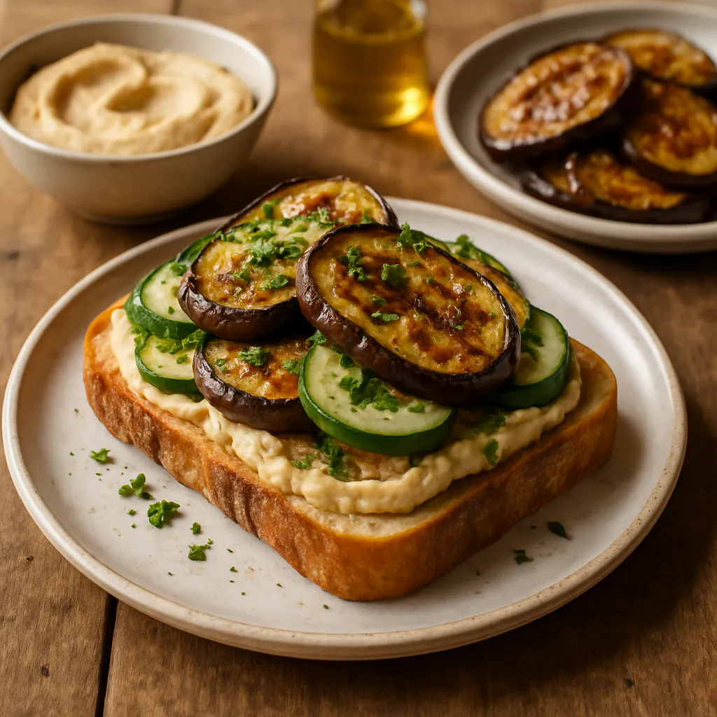 Geröstete Auberginen-Sandwiches mit Hummus und Gurken
