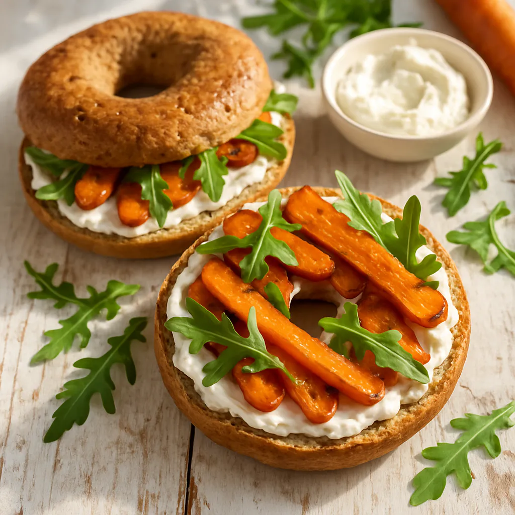 Geröstete Karotten-Bagels mit Frischkäse und Rucola