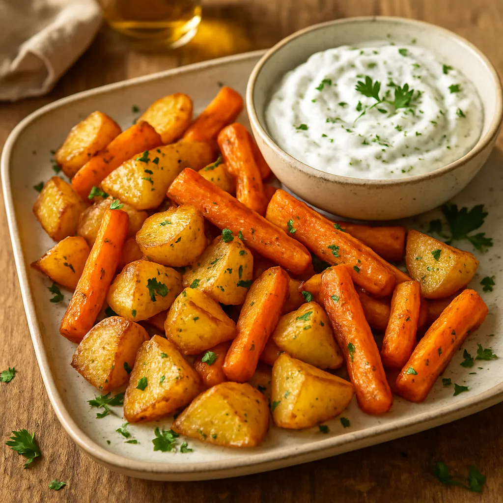 Geröstete Kartoffeln mit Karotten und Kräuterquark