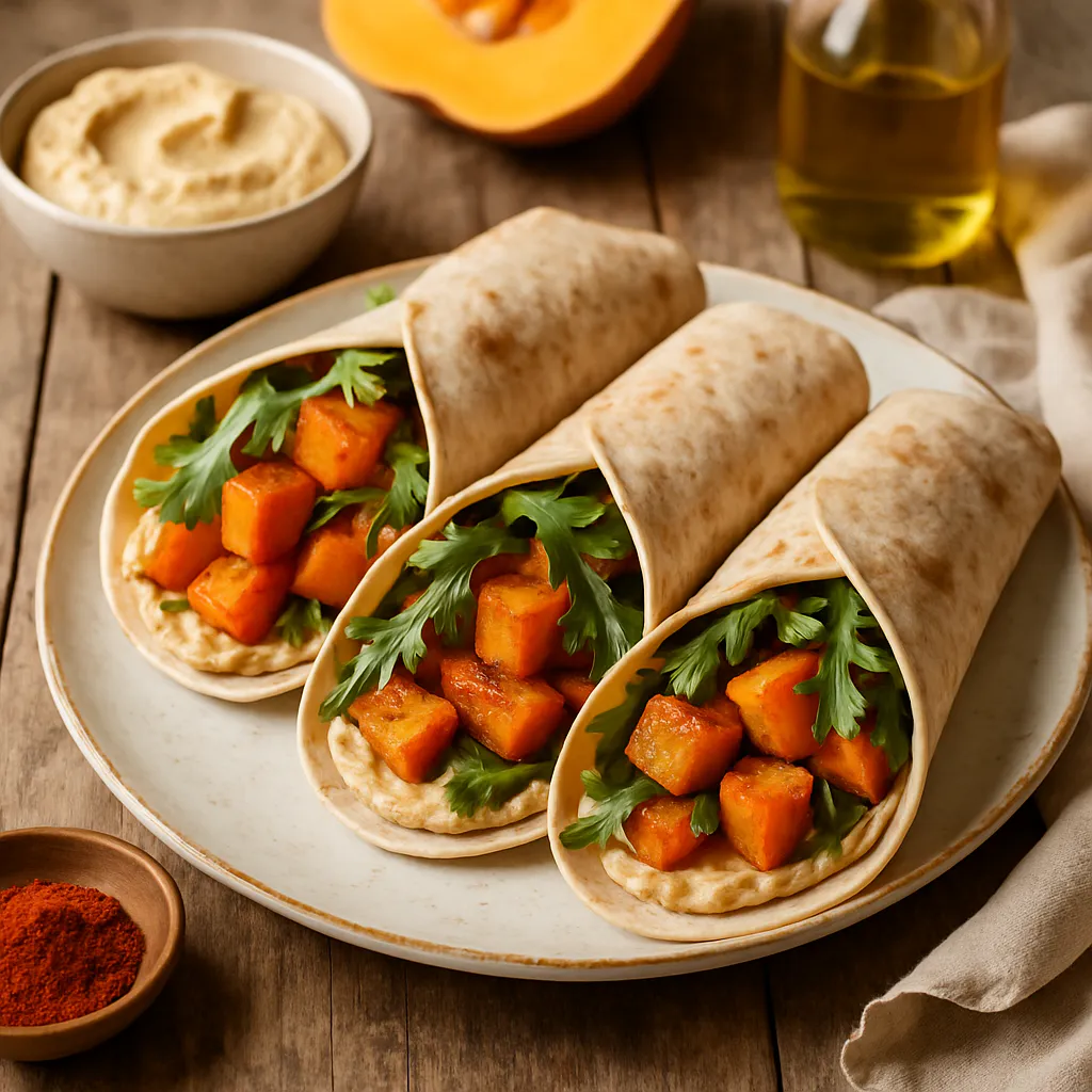 Geröstete Kürbis-Wraps mit Hummus und Rucola