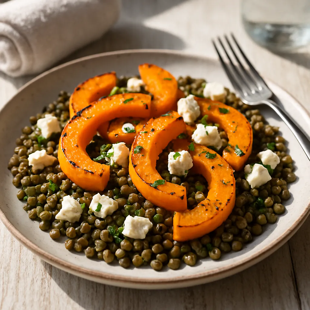 Geröstete Linsen mit gebackenem Butternut-Kürbis und Feta