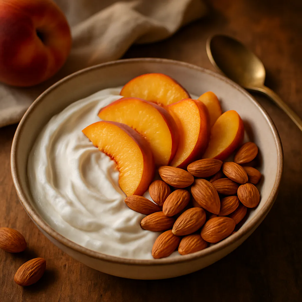 Griechische Joghurt-Bowl mit Mandeln und Pfirsichen