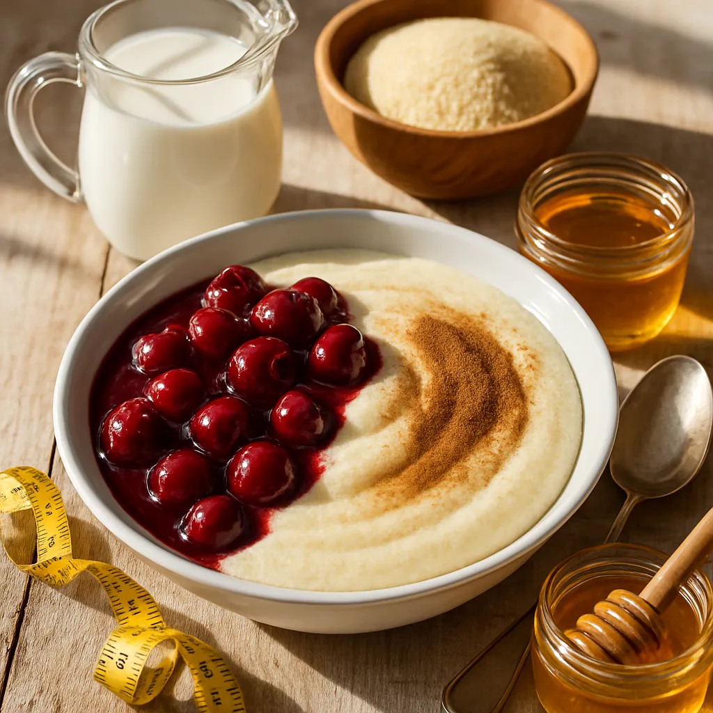 Grießbrei mit Zimt und Kirschen