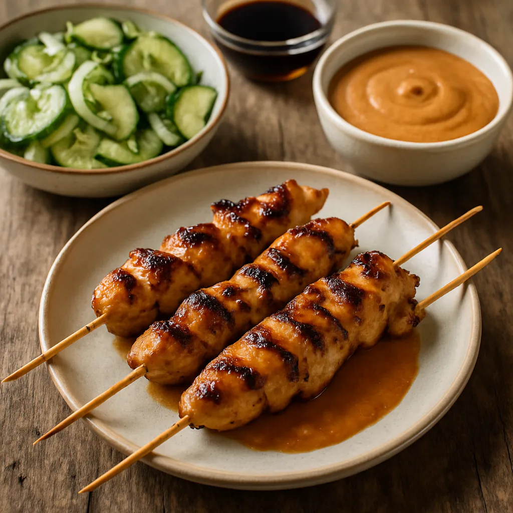 Hähnchen-Saté-Spieße mit Erdnuss-Dip und Gurkensalat