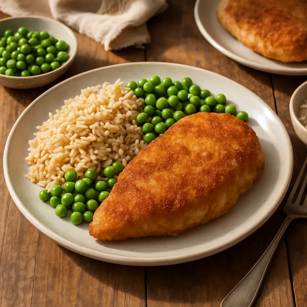 Hähnchen-Schnitzel mit Vollkornreis und Erbsen