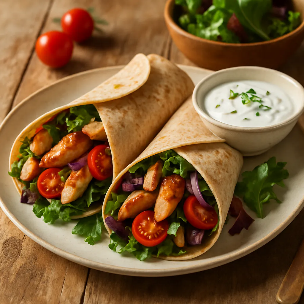 Hähnchen-Wraps mit Salat und Joghurt-Dip