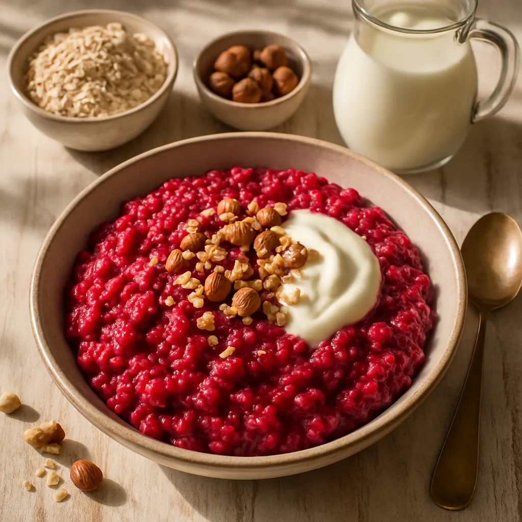 Herzhafte Rote-Bete-Haferflocken mit Joghurt und Nüssen