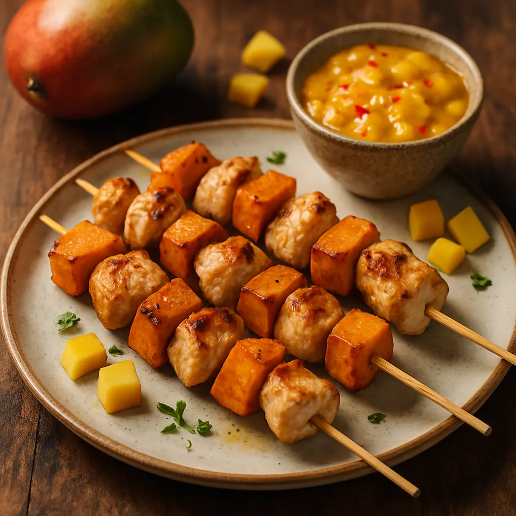 Hühnchen- und Süßkartoffel-Spieße mit Mango-Chili-Dip