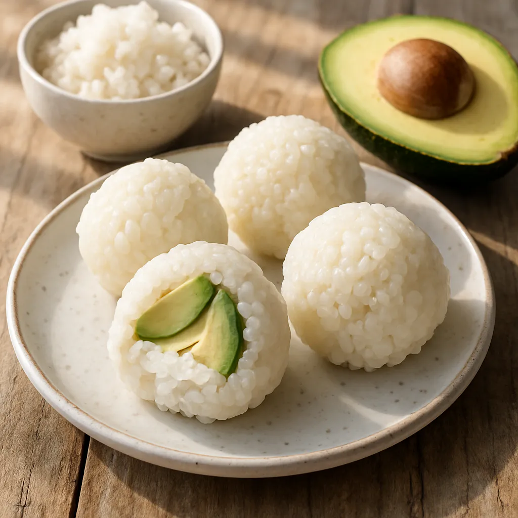 Japanische Reisbälle mit Avocado und Frischkäse