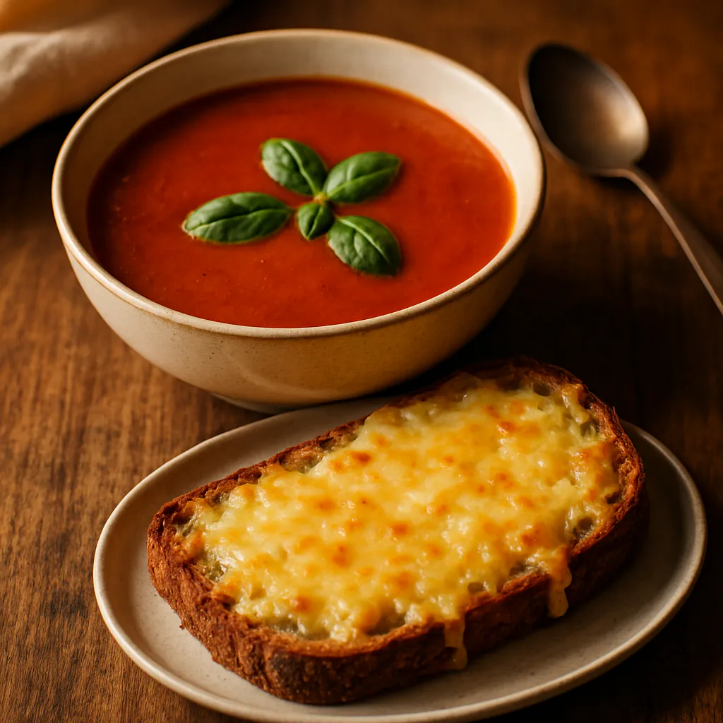 Käse-Brot mit Tomatensuppe