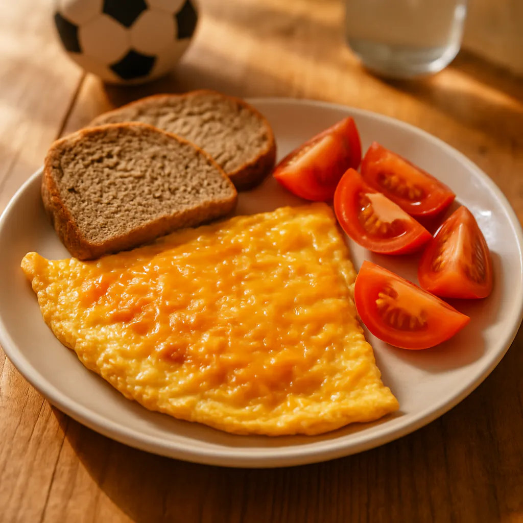 Käse-Omelett mit Vollkornbrot und frischen Tomaten