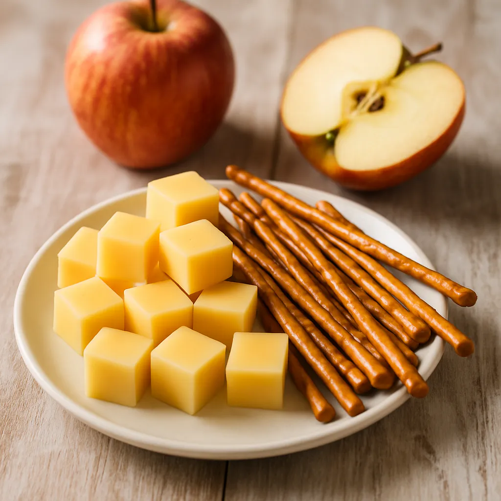 Käsewürfel mit Salzstangen und Apfel