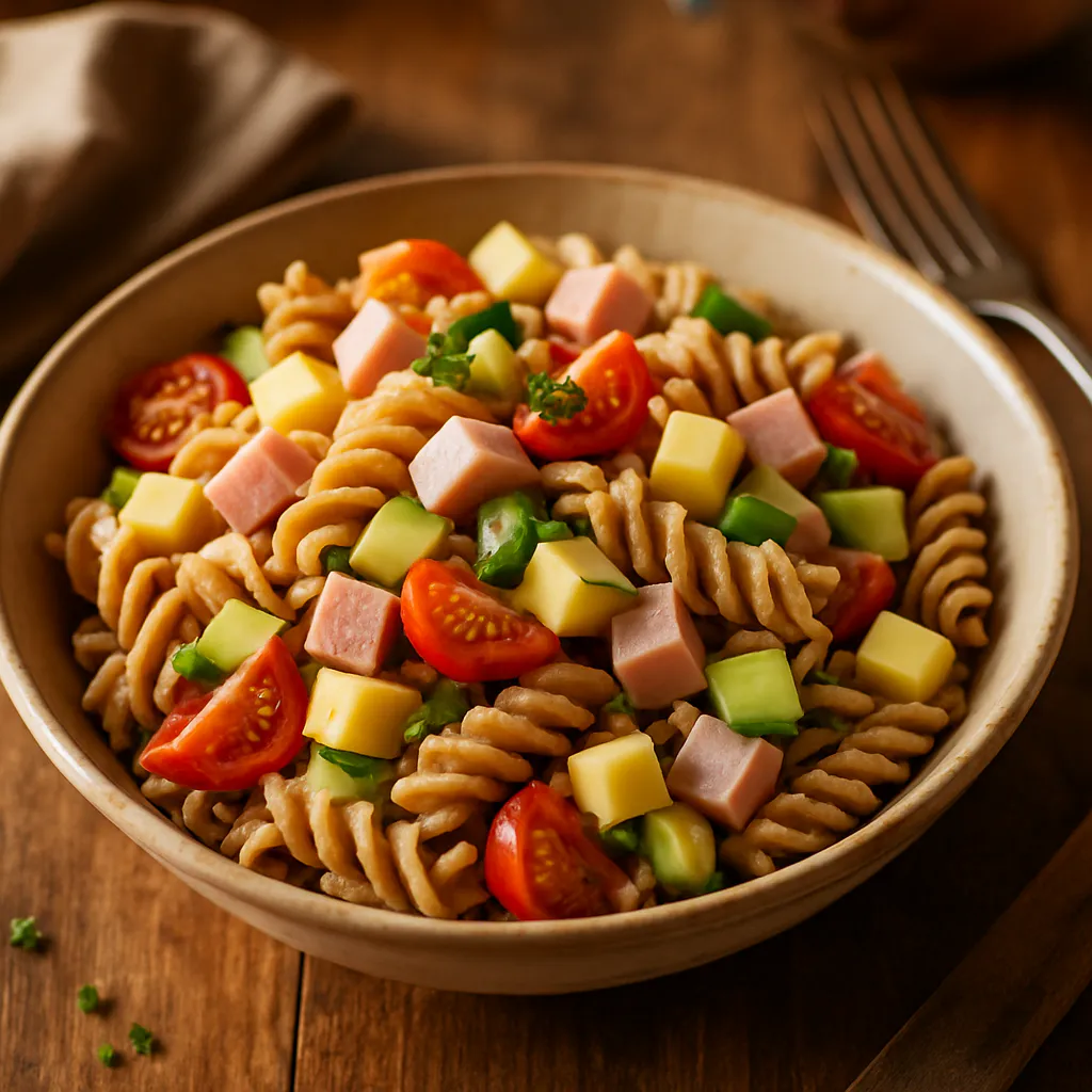 Kalter Nudelsalat mit Käse und Wurst