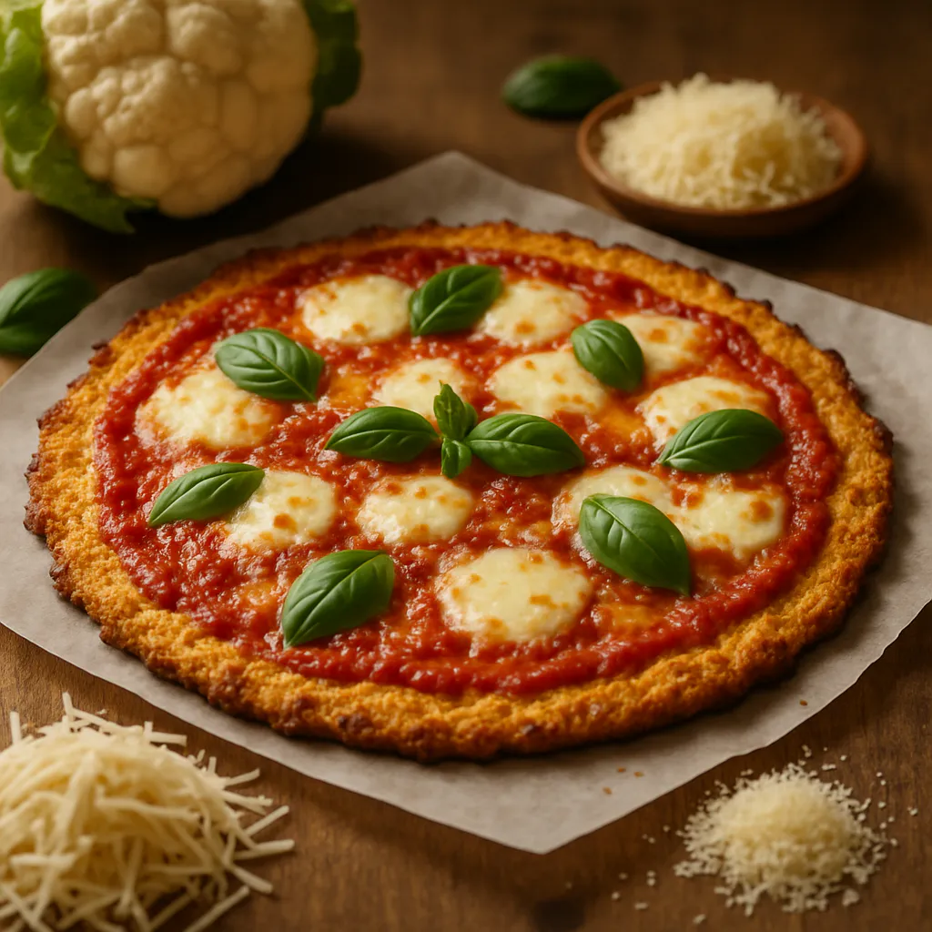 Karfiol-Pizza mit Tomatensauce und Mozzarella