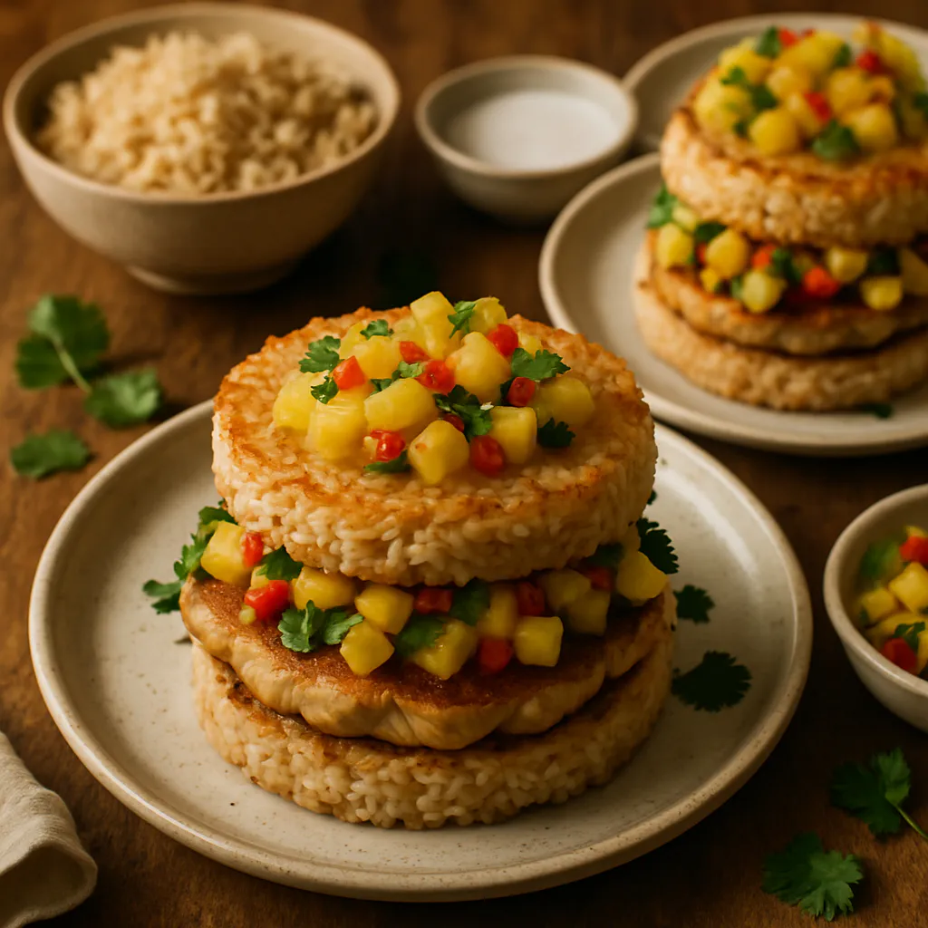 Karibische Kokos-Reis-Burger mit Ananas-Topping