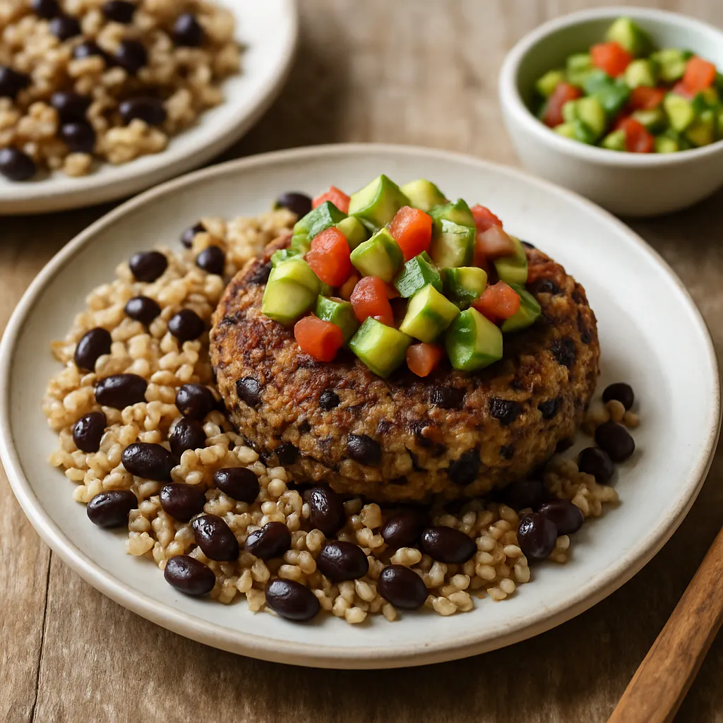 Karibische Reis-Bohnen-Burgermischung mit Avocado-Salsa