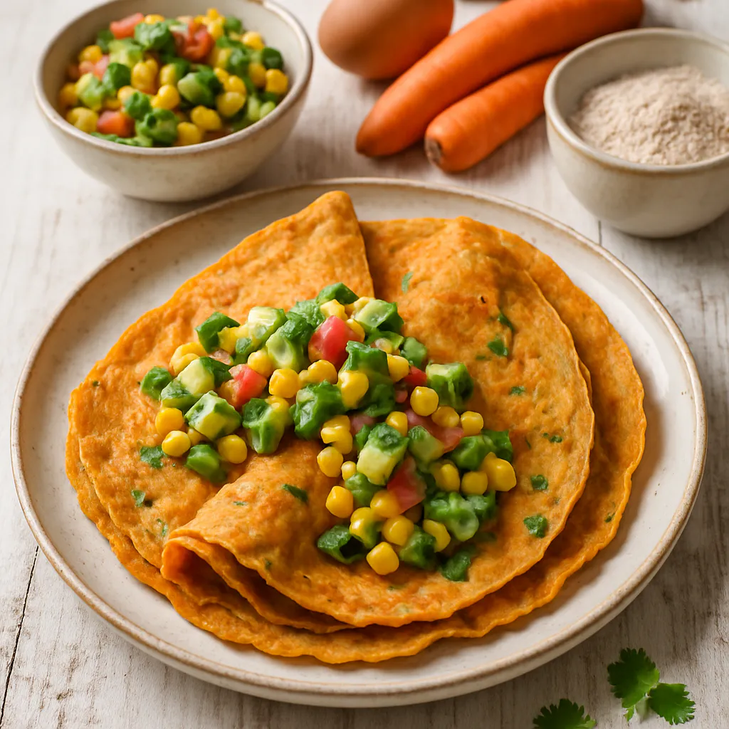 Karotten-Mais-Crepes mit Avocado-Salsa