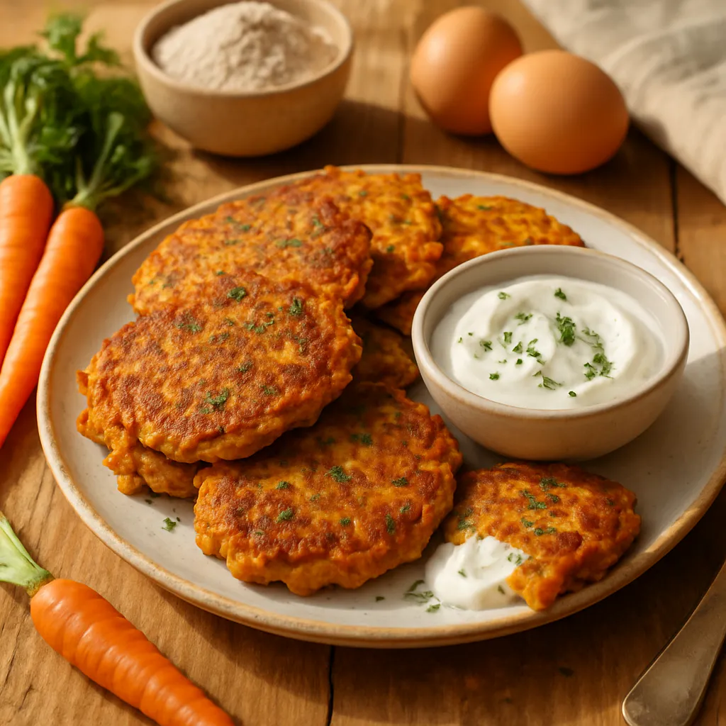 Karotten-Pfannkuchen mit Joghurt-Dip