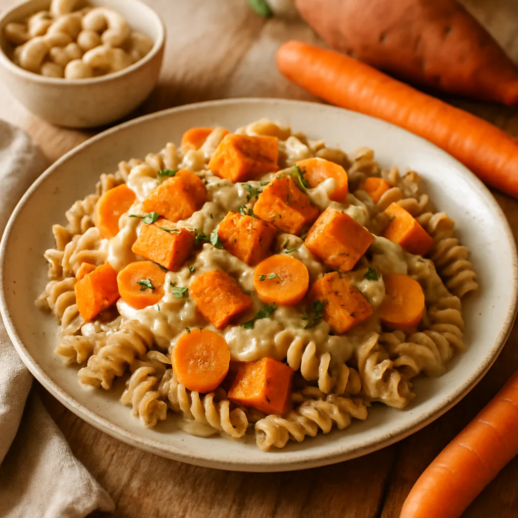 Karotten-Süßkartoffel-Pasta mit Cashew-Sauce