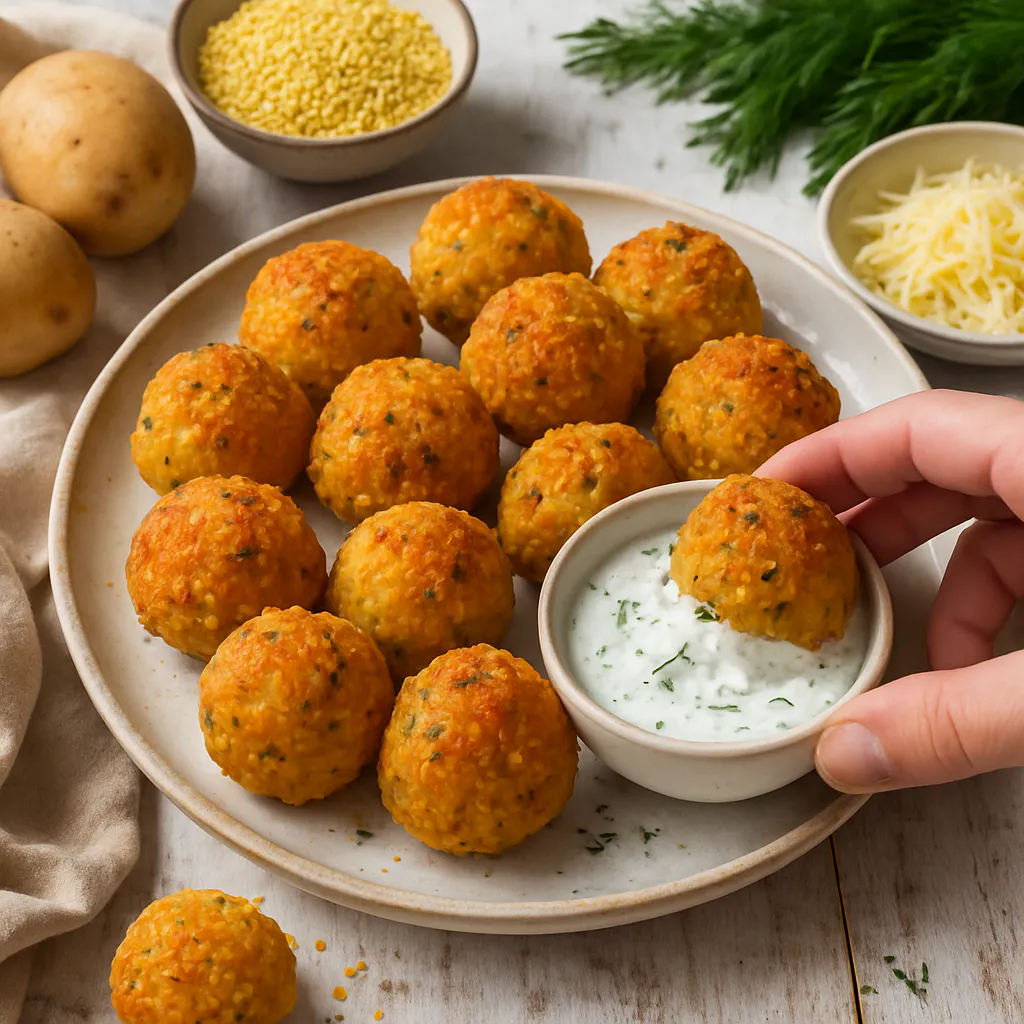 Kartoffel-Hirse-Bällchen mit Dill-Dip