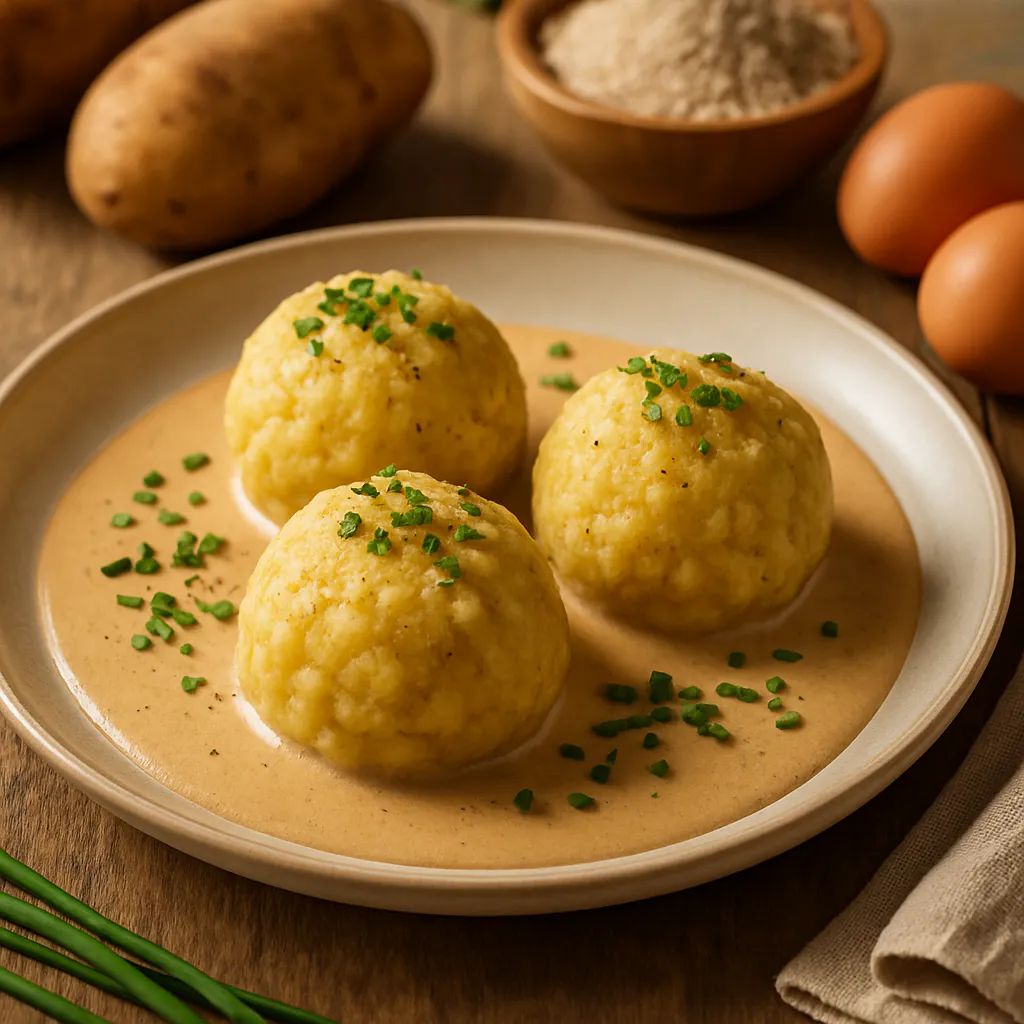 Kartoffelknödel mit Rahmsauce